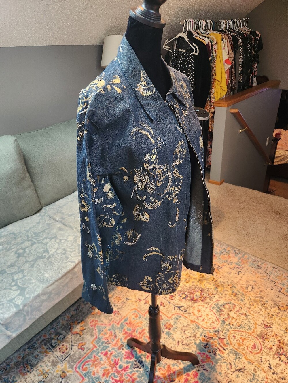 Chico's Navy Denim Jacket with Gold Floral Print XL Like New - Picture 7 of 11